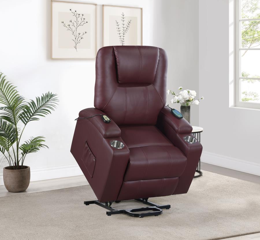 UPHOLSTERED POWER LIFT MASSAGE RECLINER WINE