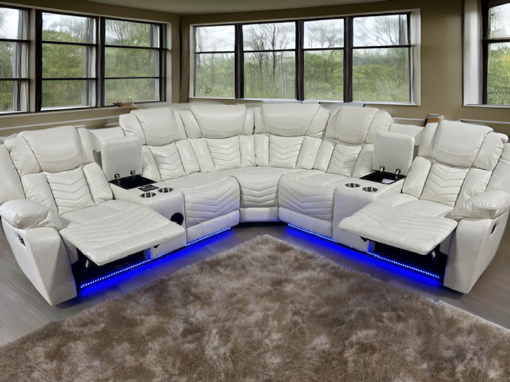 Lucky Reclining Sectional, LED, Bluetooth, Speakers White