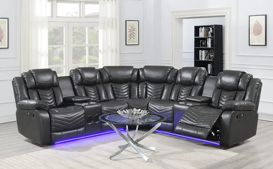 Lucky 3pcs Reclining Sectional, LED, Bluetooth, Speakers Grey