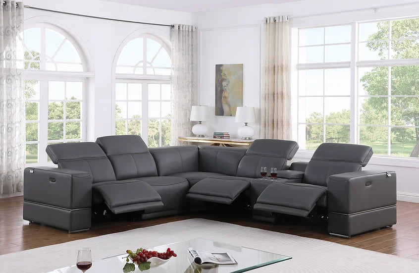 Franco Power Reclining Italian Leather Sectional 6pcs Dark Grey