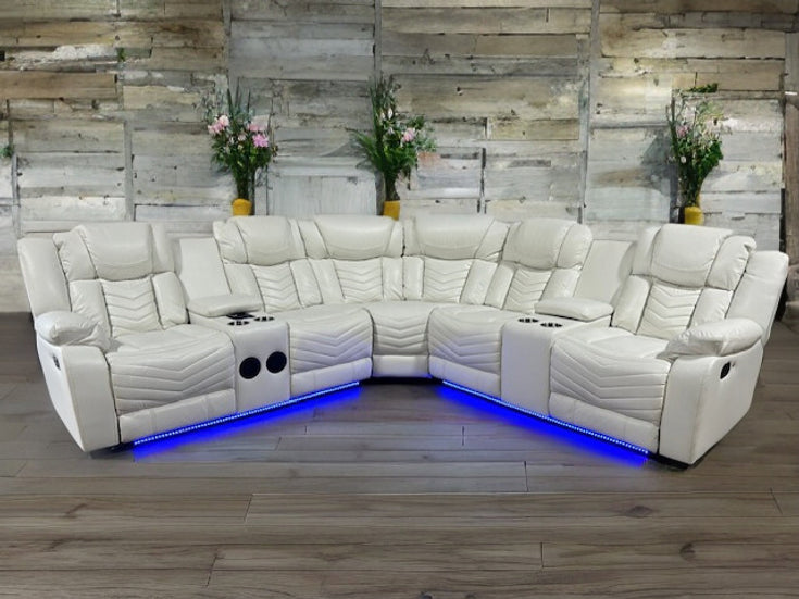 Lucky Reclining Sectional, LED, Bluetooth, Speakers White