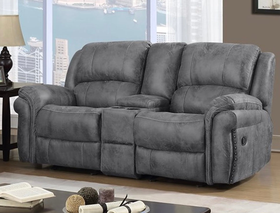 Grey Manual Motion Reclining Sofa and Loveseat with nail head