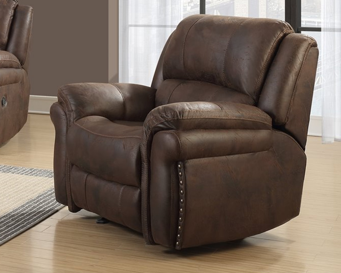 Chocolate Manual Motion Reclining Sofa and Loveseat with nail head