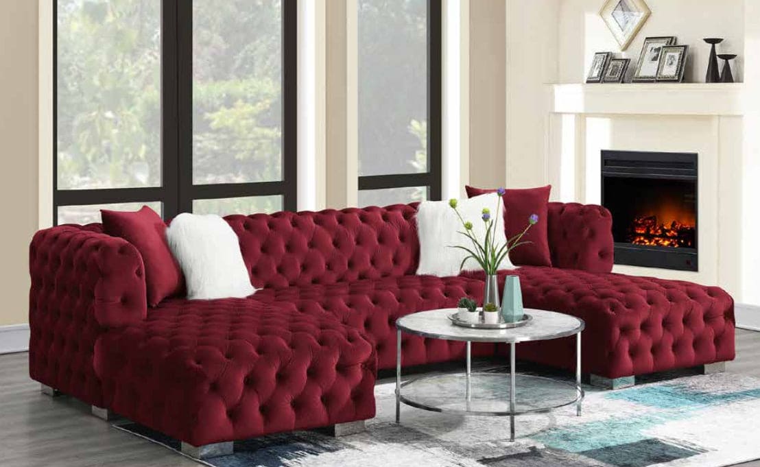 Neva Burgandy Velvet Double Chaise 144" Sectional