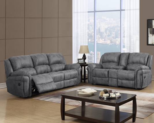 Grey Manual Motion Reclining Sofa and Loveseat with nail head
