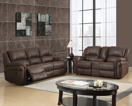 Chocolate Manual Motion Reclining Sofa and Loveseat with nail head