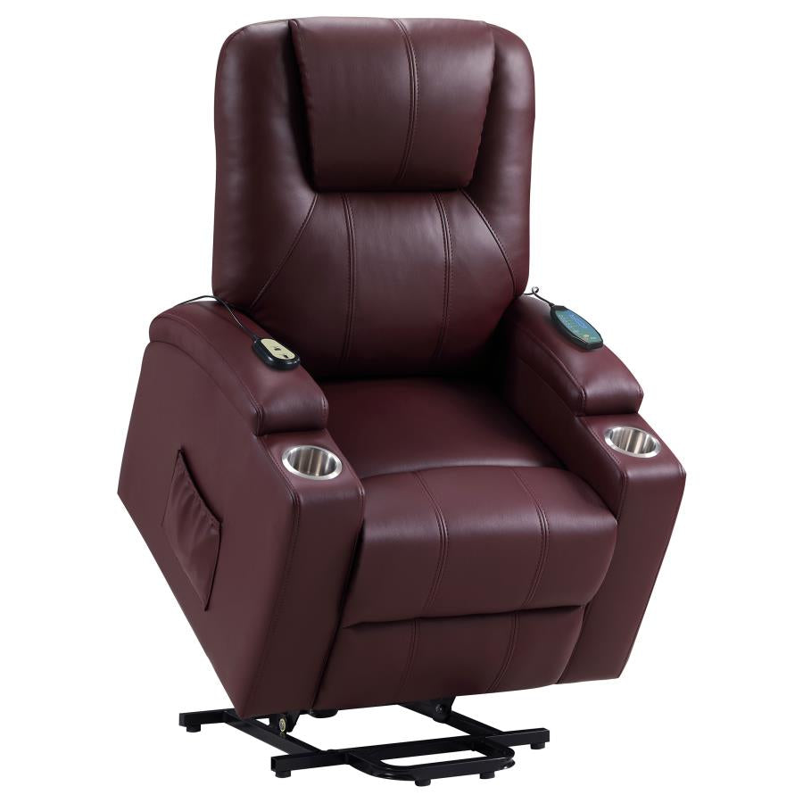 UPHOLSTERED POWER LIFT MASSAGE RECLINER WINE