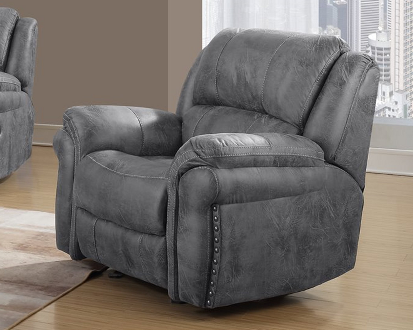 Grey Manual Motion Reclining Sofa and Loveseat with nail head