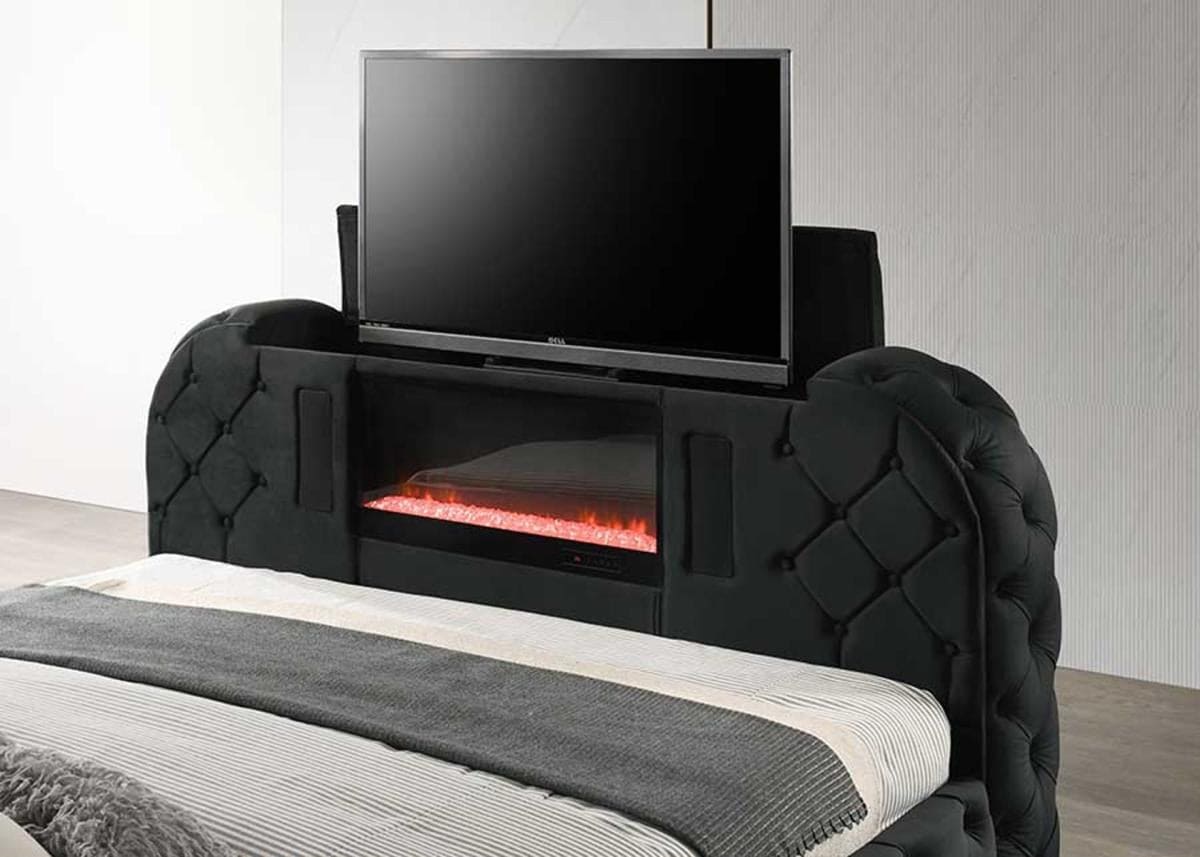Valentina – Platform Upholstered Bed LED $ fireplace
