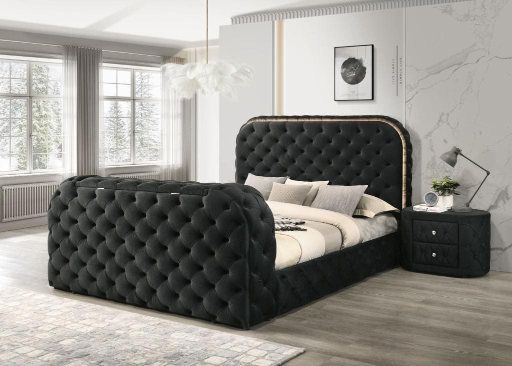 Valentina – Platform Upholstered Bed LED $ fireplace