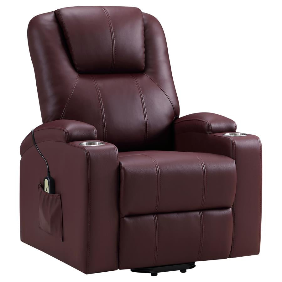 UPHOLSTERED POWER LIFT MASSAGE RECLINER WINE