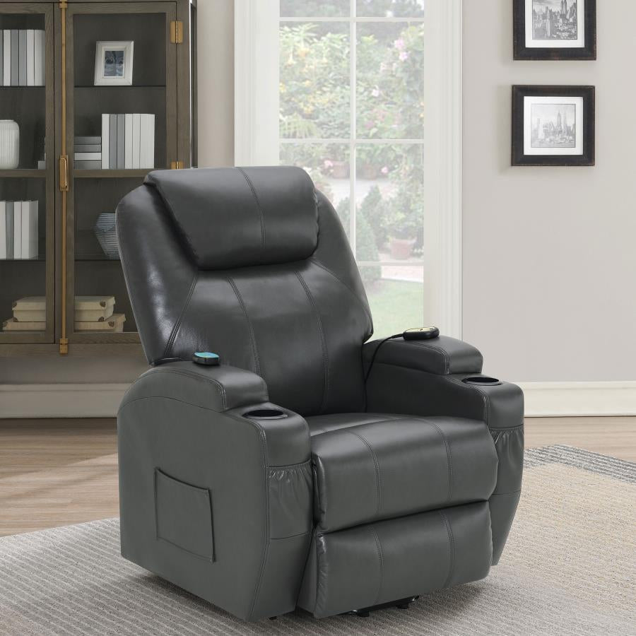 SANGER UPHOLSTERED POWER LIFT MASSAGE RECLINER CHARCOAL GREY