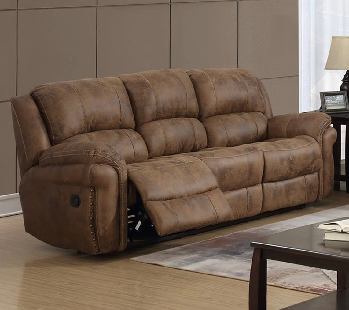 Saddle Manual Motion Reclining Sofa and Loveseat with nail head