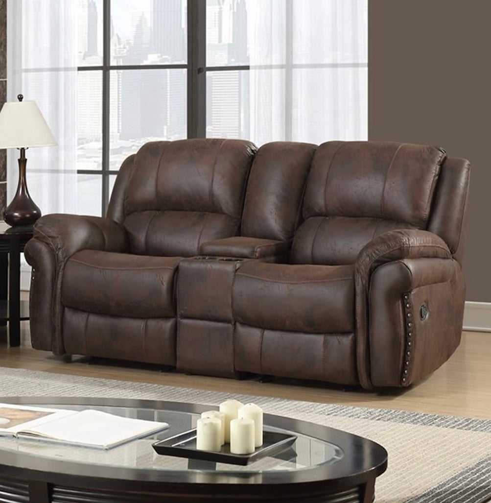 Chocolate Manual Motion Reclining Sofa and Loveseat with nail head