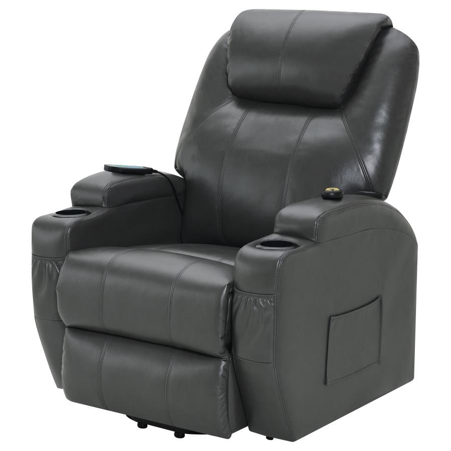 SANGER UPHOLSTERED POWER LIFT MASSAGE RECLINER CHARCOAL GREY