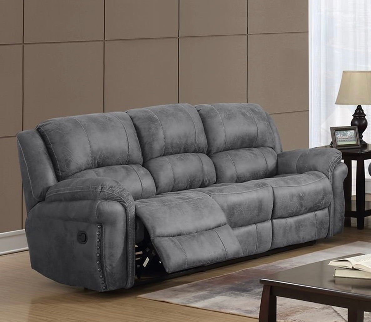 Grey Manual Motion Reclining Sofa and Loveseat with nail head