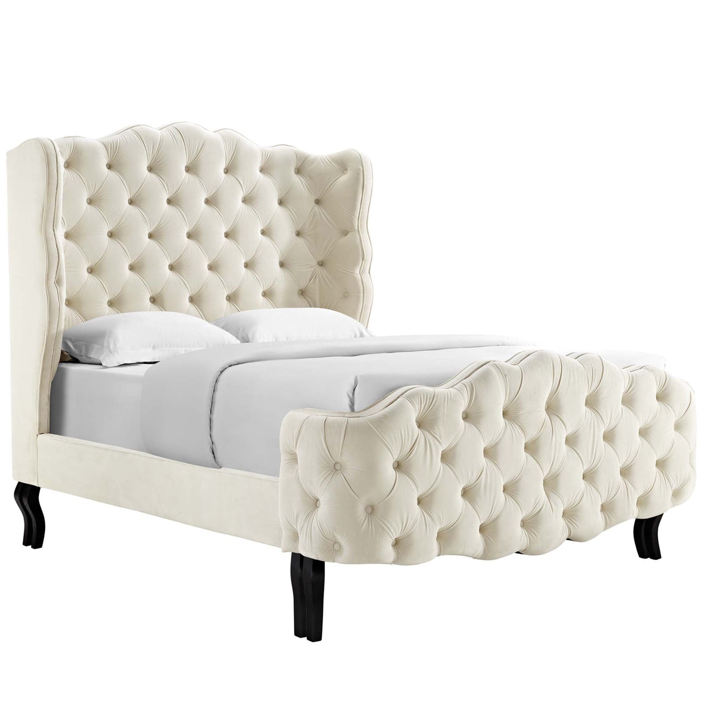 Violette Tufted Wingback Performance Velvet Queen Platform Bed in Ivory