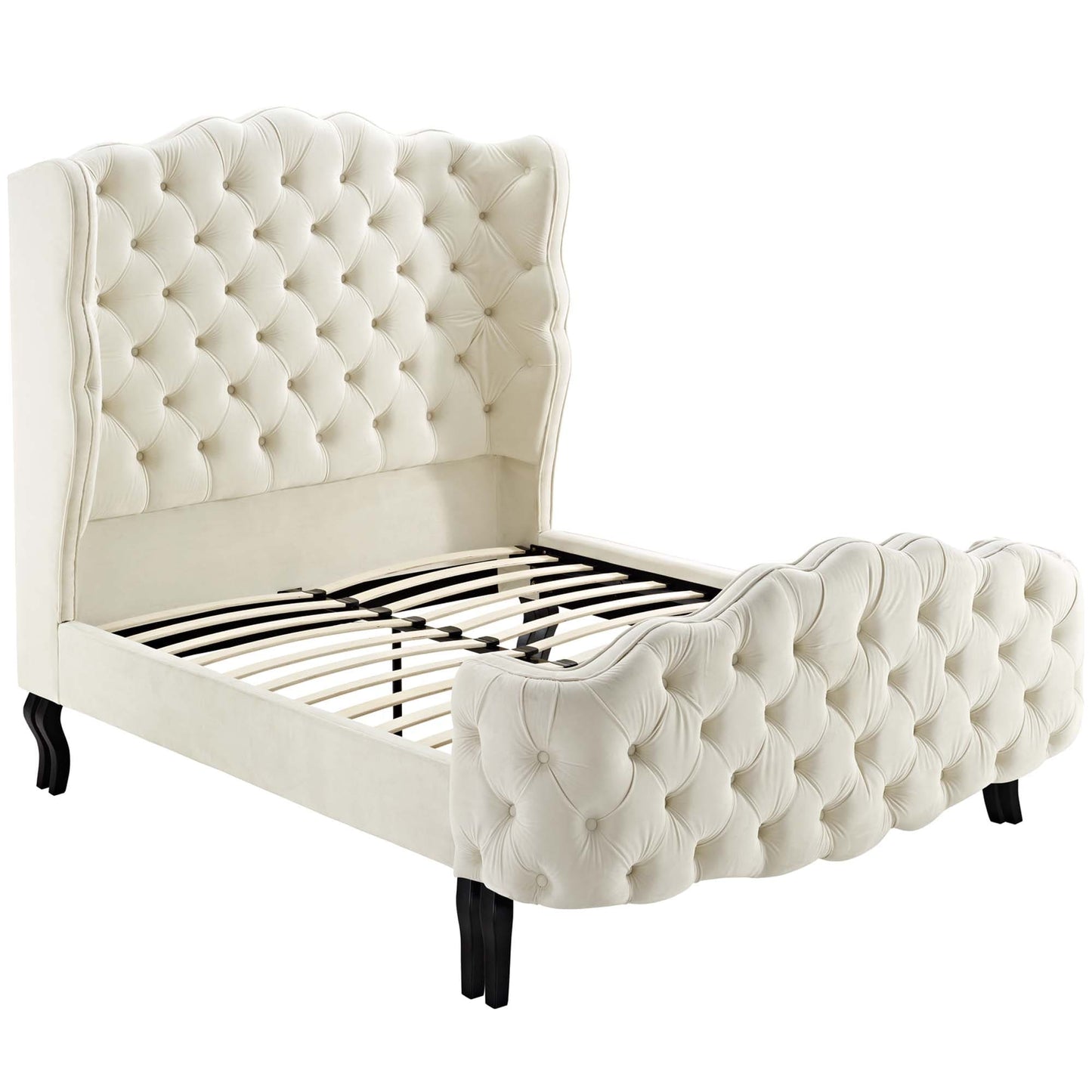 Violette Tufted Wingback Performance Velvet Queen Platform Bed in Ivory