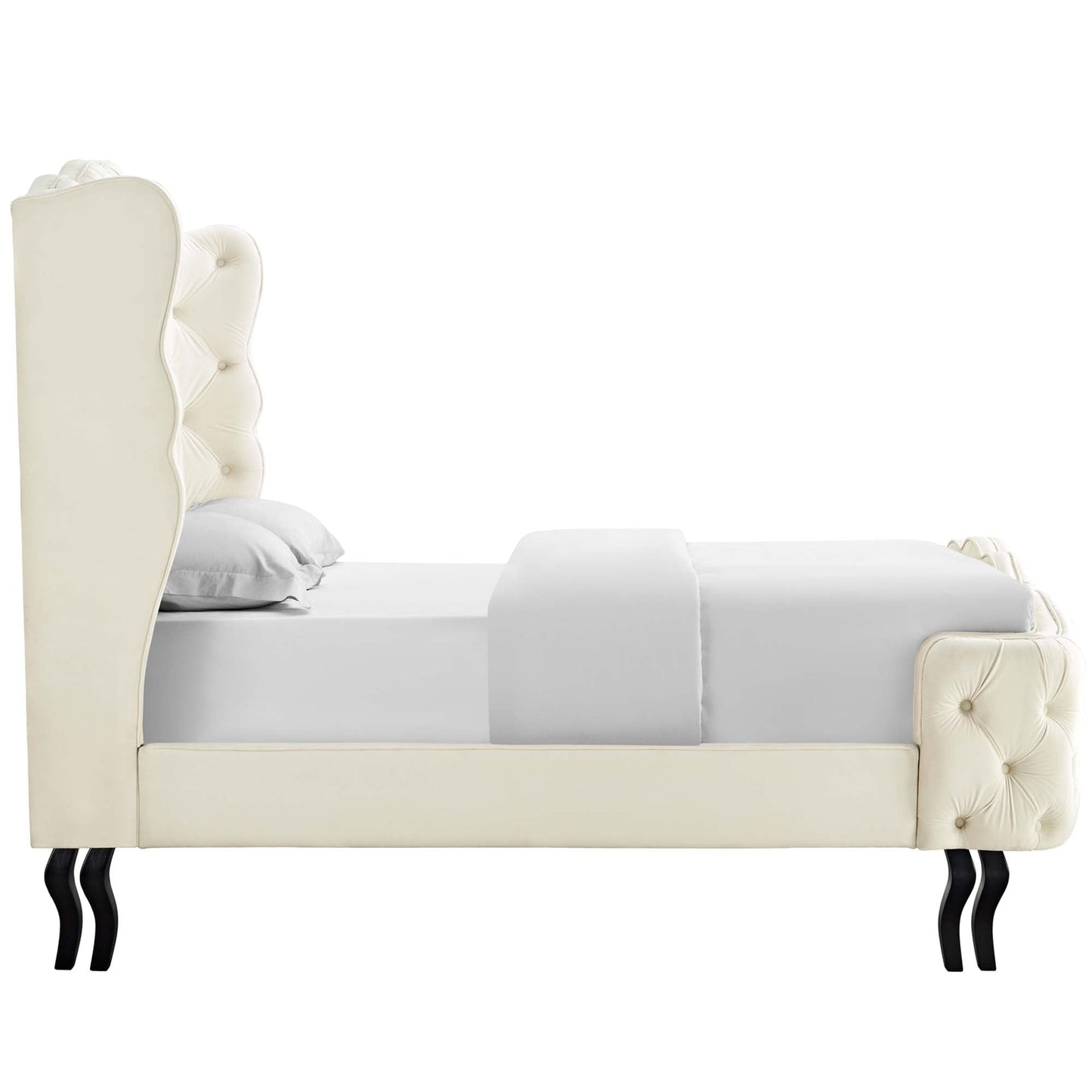 Violette Tufted Wingback Performance Velvet Queen Platform Bed in Ivory