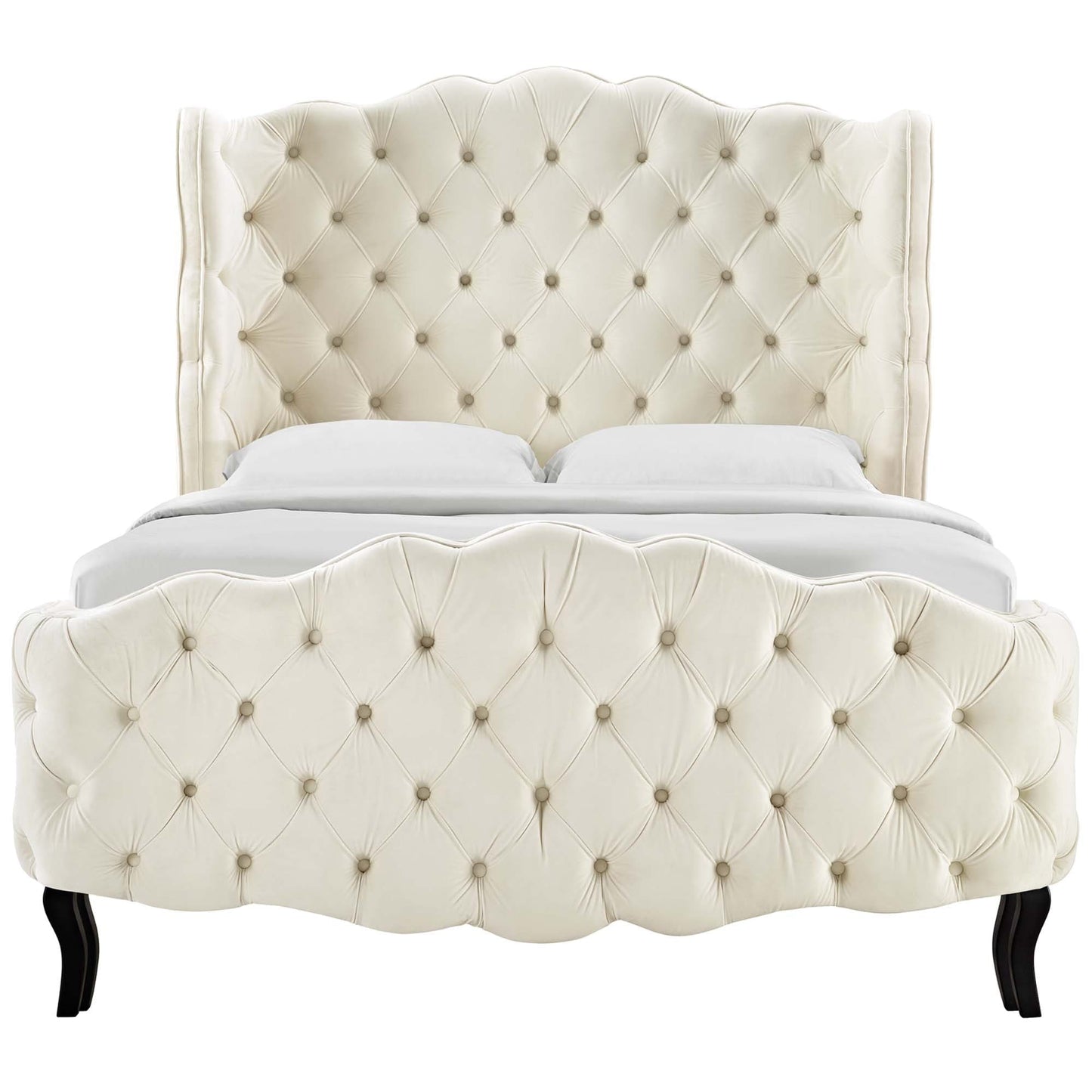 Violette Tufted Wingback Performance Velvet Queen Platform Bed in Ivory