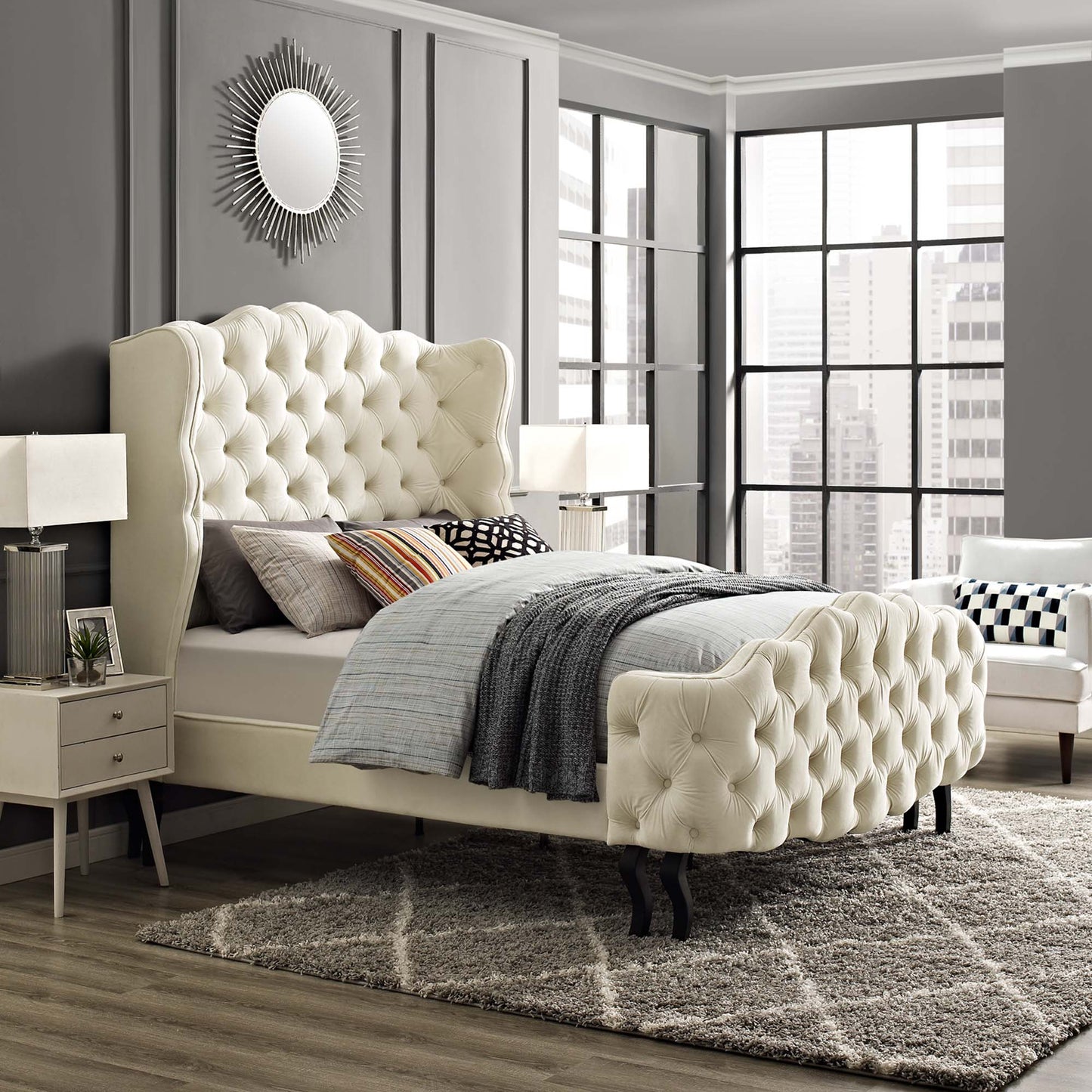 Violette Tufted Wingback Performance Velvet Queen Platform Bed in Ivory