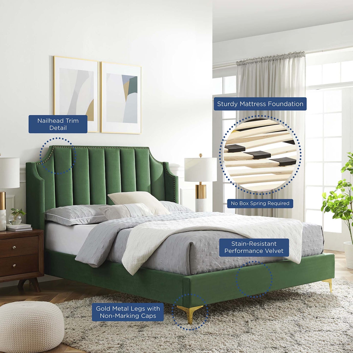 Daniella Performance Velvet Queen Platform Bed in Emerald