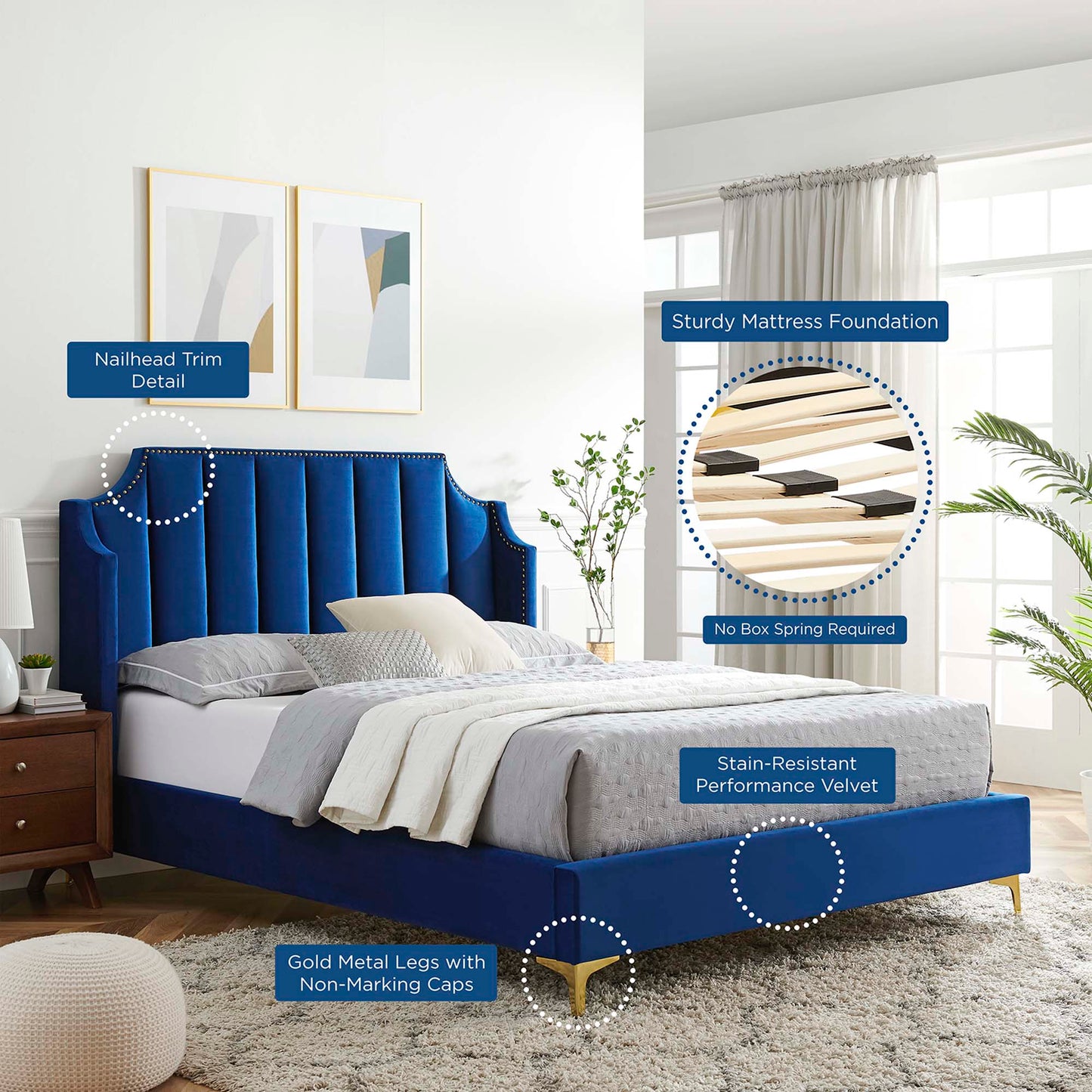 Daniella Performance Velvet Queen Platform Bed in Navy