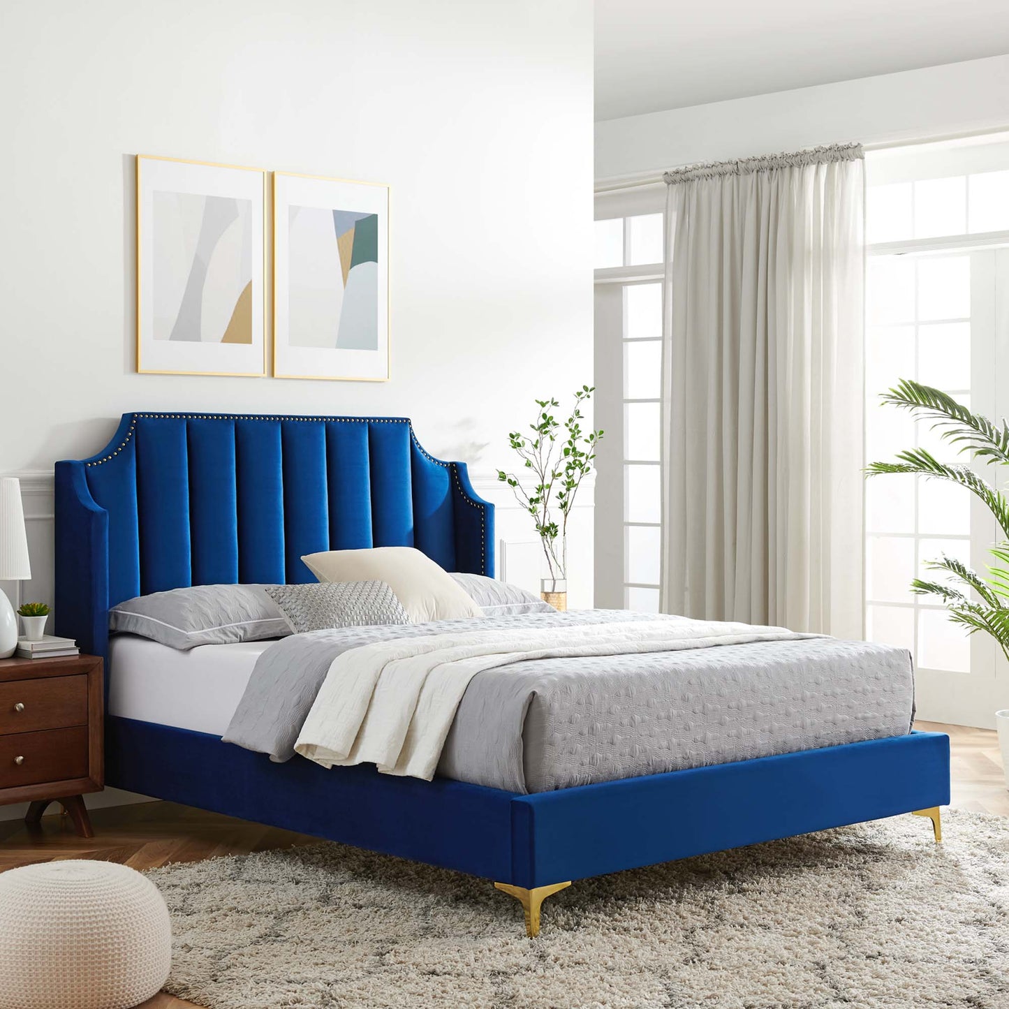 Daniella Performance Velvet Queen Platform Bed in Navy