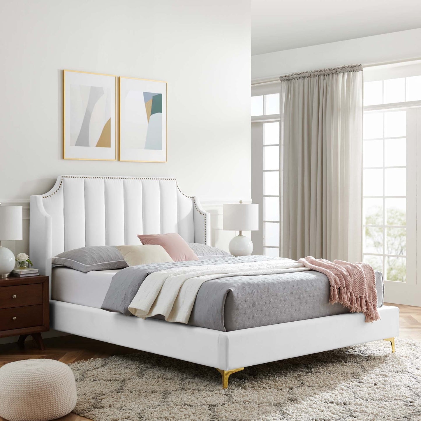 Daniella Performance Velvet Queen Platform Bed in White