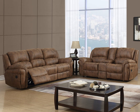 Saddle Manual Motion Reclining Sofa and Loveseat with nail head
