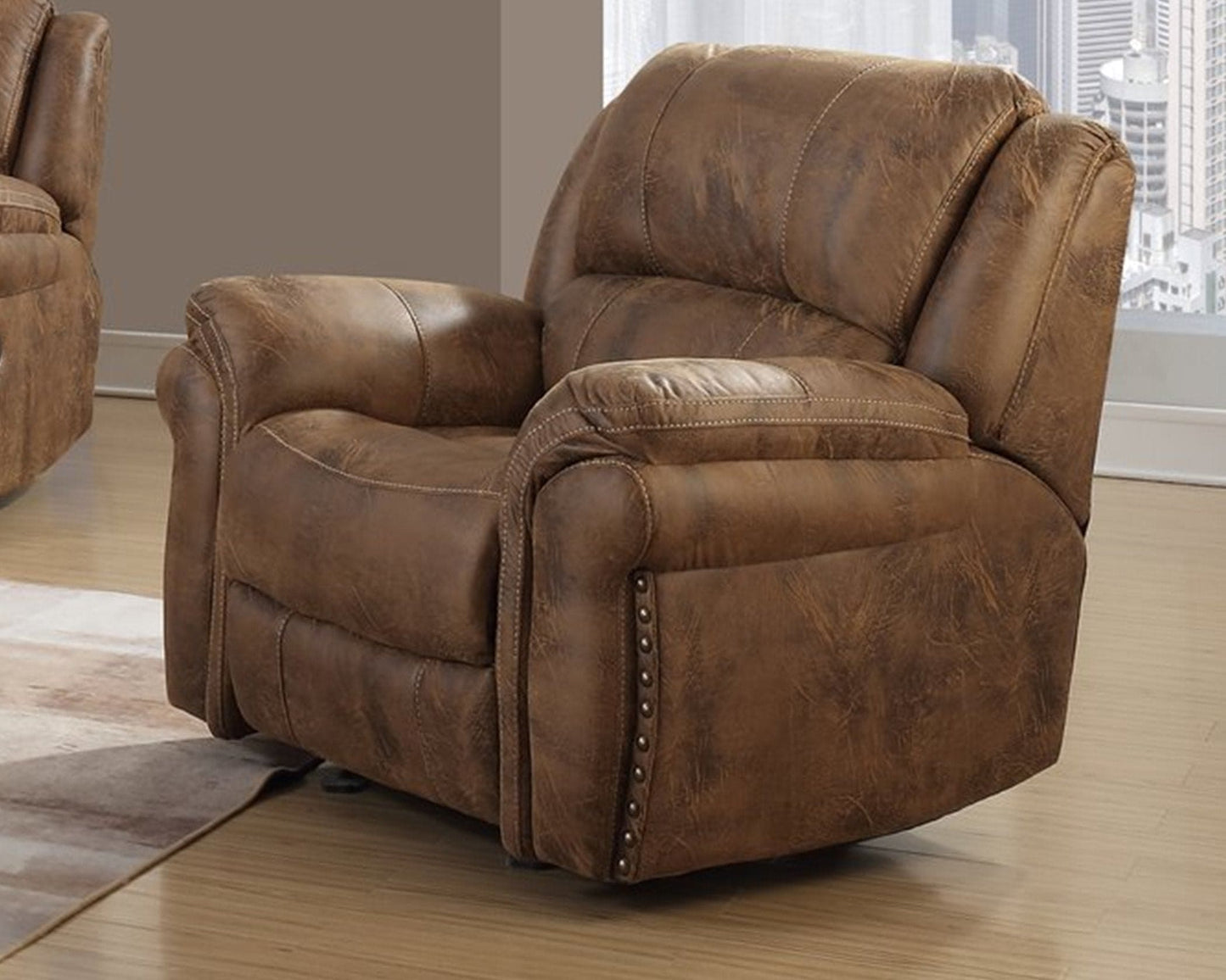 Saddle Manual Motion Reclining Sofa and Loveseat with nail head