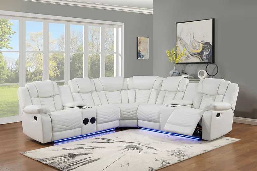 Lucky Reclining Sectional, LED, Bluetooth, Speakers White