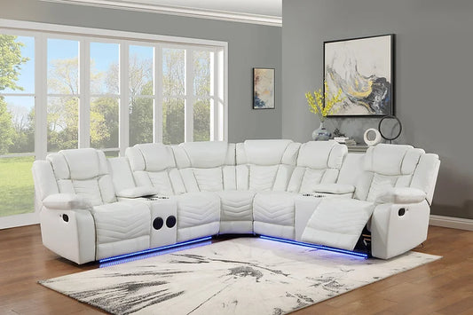 Lucky Reclining Sectional, LED, Bluetooth, Speakers White