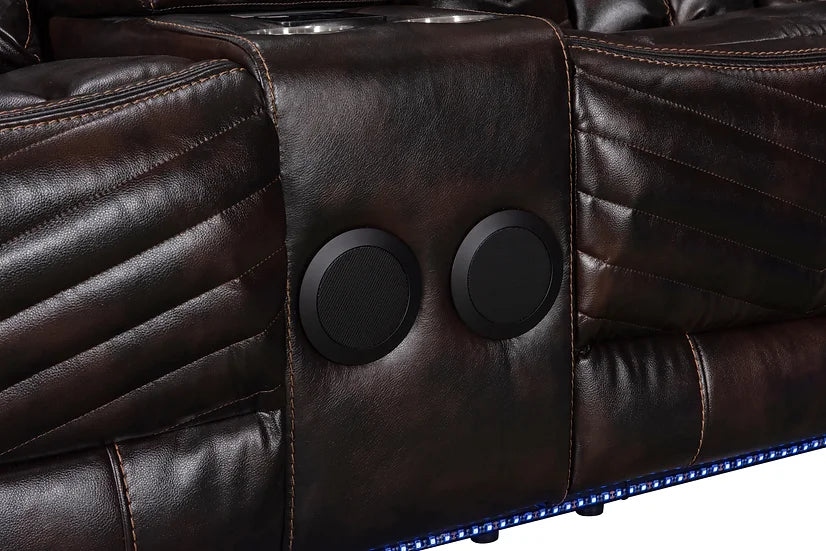 Lucky Reclining Sectional, LED, Bluetooth, Speakers Brown