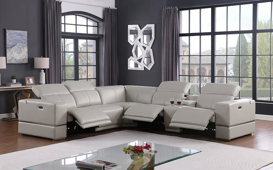 Franco Power Reclining Italian Leather Sectional 6pcs Light Grey