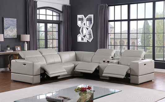 Franco Power Reclining Italian Leather Sectional 6pcs Light Grey