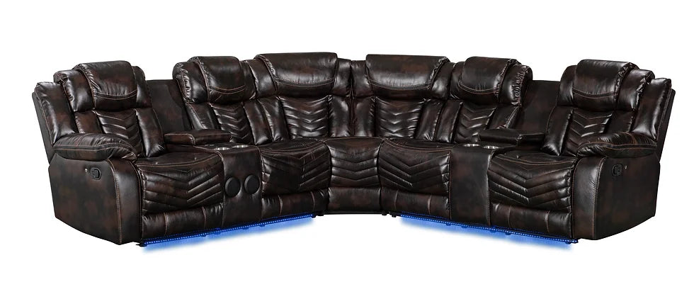 Lucky Reclining Sectional, LED, Bluetooth, Speakers Brown