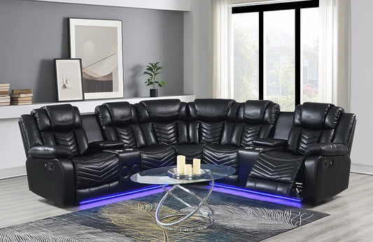 Lucky 3pcs Reclining Sectional, LED, Bluetooth, Speakers Black