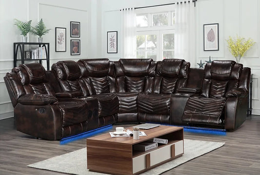 Lucky Reclining Sectional, LED, Bluetooth, Speakers Brown