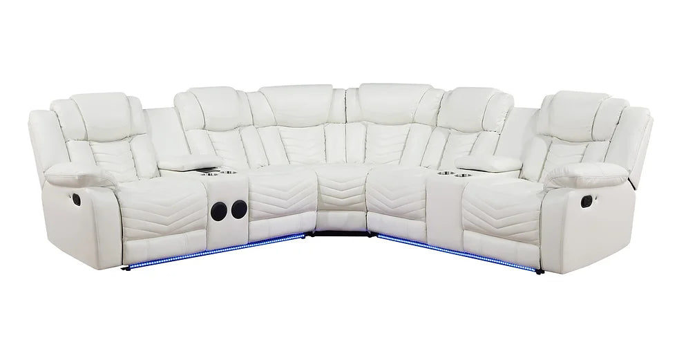 Lucky Reclining Sectional, LED, Bluetooth, Speakers White