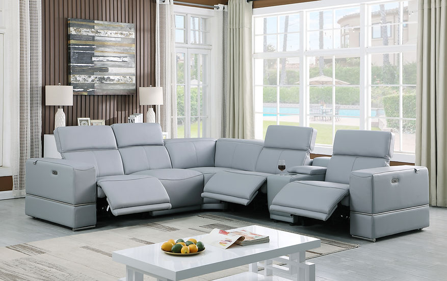 Franco Power Reclining Italian Leather Sectional 6pcs Light Blue