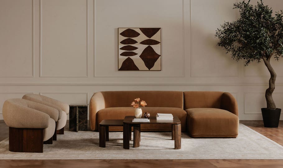 Faye Right Sectional Tan Faux Mohair