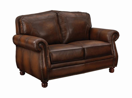 Montbrook Rolled Arm Loveseat Hand Rubbed Brown