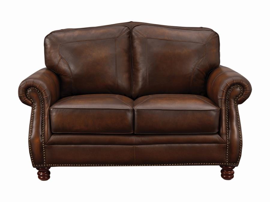Montbrook Rolled Arm Loveseat Hand Rubbed Brown