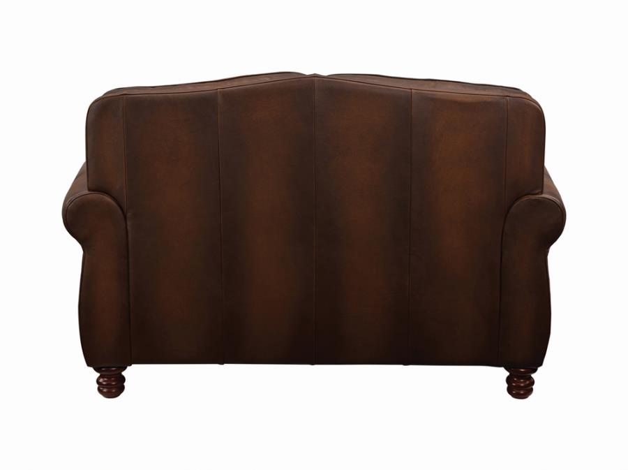 Montbrook Rolled Arm Loveseat Hand Rubbed Brown