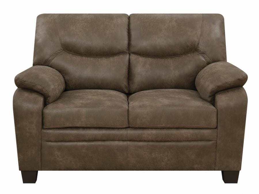 Meagan Upholstered Loveseat Brown with Pillow Top Arms