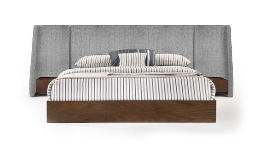 Eastern King Nova Domus Janice - Modern Grey Fabric and Walnut Bed and Nightstands