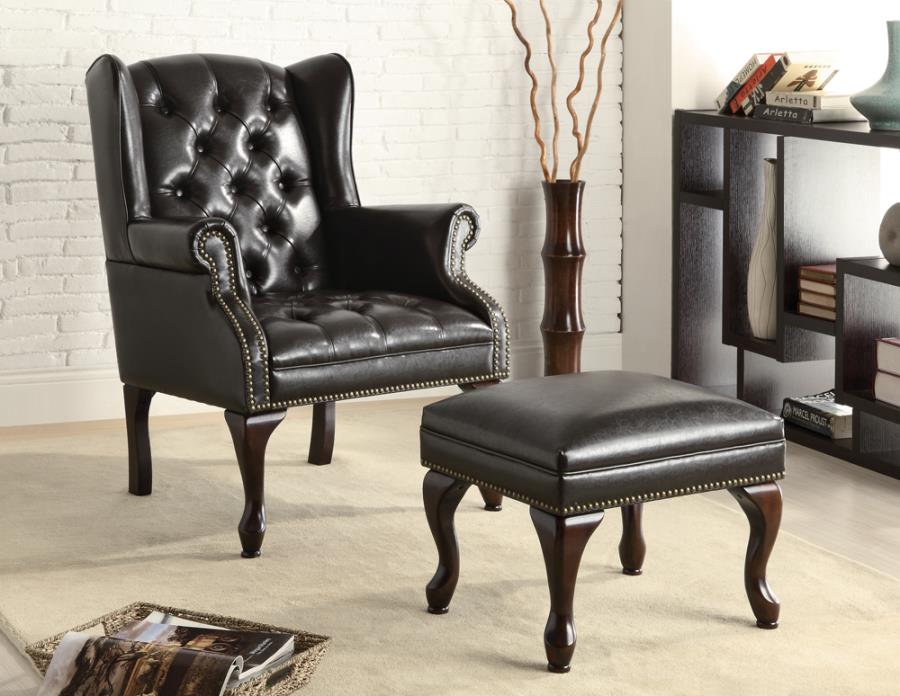 Roberts Button Tufted Back Accent Chair with Ottoman Black and Espresso