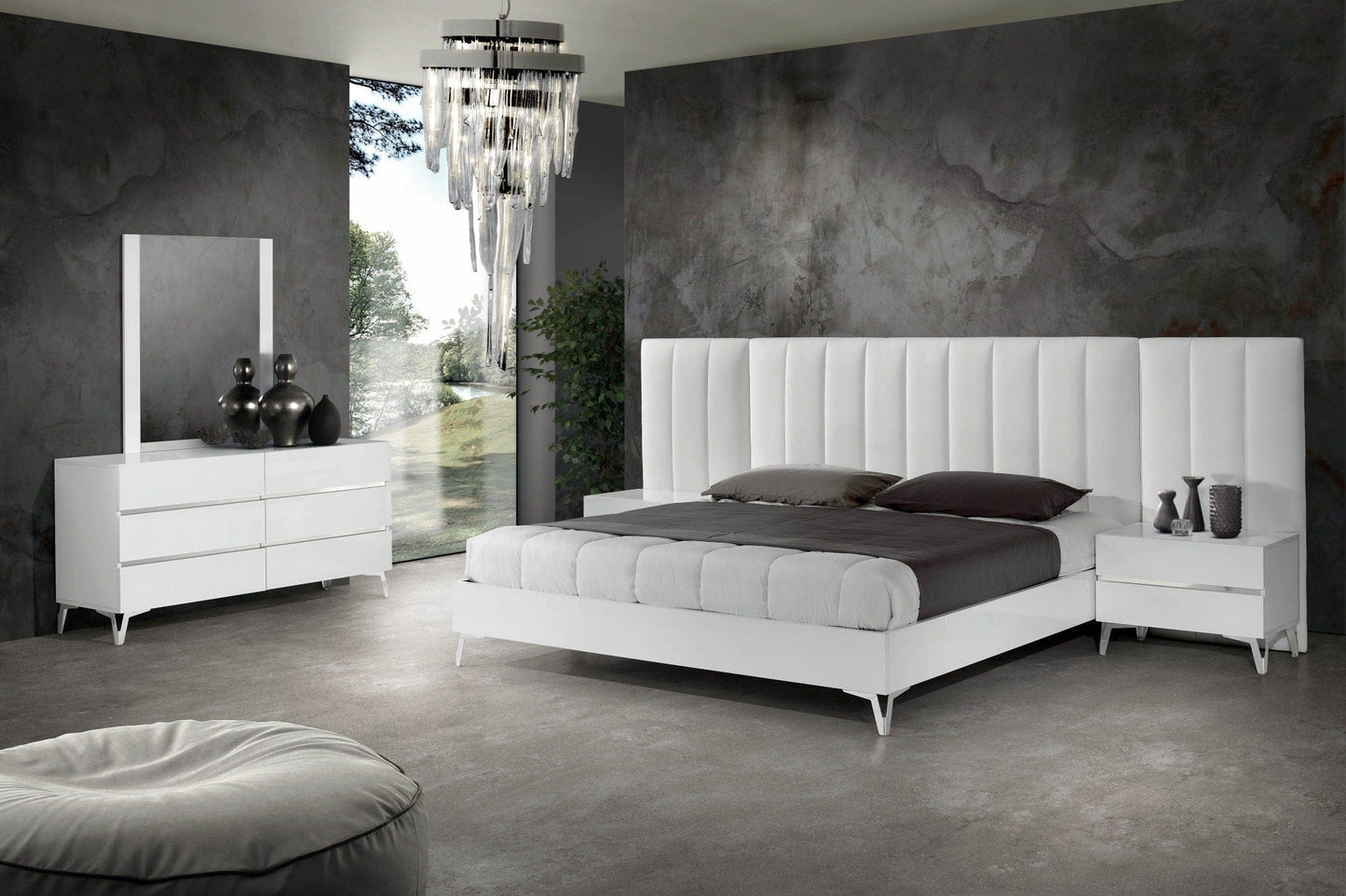 Nova Domus Angela - Italian Modern White Eco Leather Bed w/ Nightstands and Wings