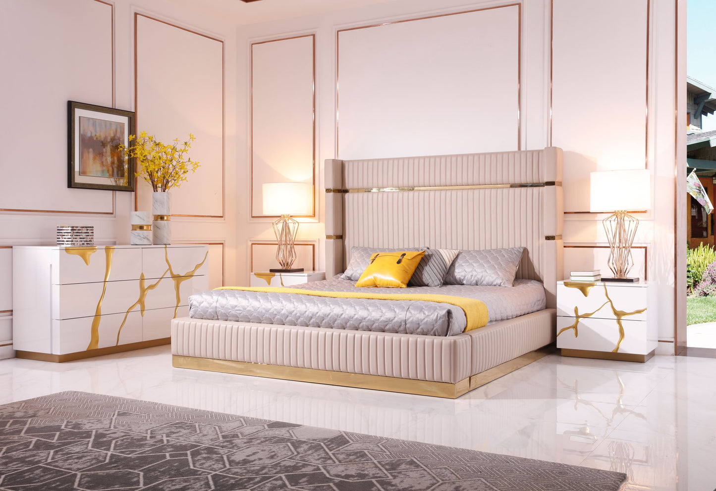 Modrest Sterling - Queen Modern Beige + Gold Bed + Nightstands